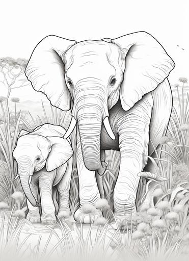 coloring page for kids , mom and baby elephants in African bush, cartoon style , thick lines, low detail, no shading --ar 8:11