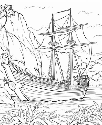 coloring page for kids , pirate boat on an island shore,cartoon style, thick lines, low detail, no shading --ar 9:11