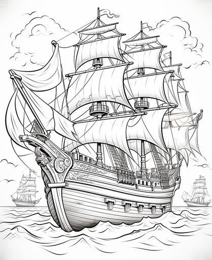 coloring page for kids , pirate ship with pirate flag, pirates fighting with another ship with cannons ,cartoon style, thick lines, low detail, no shading --ar 9:11