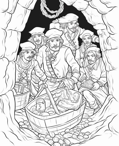 coloring page for kids , pirates bringing the treasure to the cave,cartoon style, thick lines, low detail, no shading --ar 9:11