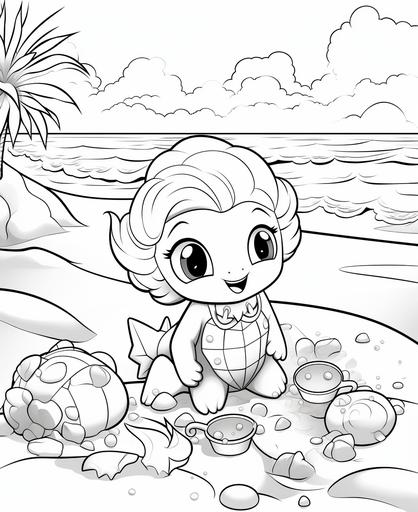 coloring page for kids , pokeman at the beach seashells and fun, cartoon style, thick lines, black and white , no shading --ar 9:11