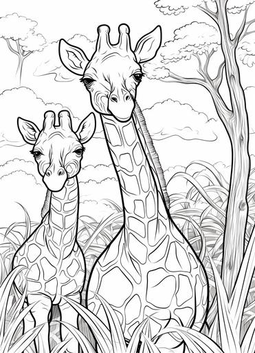 coloring page for kids , young Giraffas in African bush, cartoon style , thick lines, low detail, no shading --ar 8:11