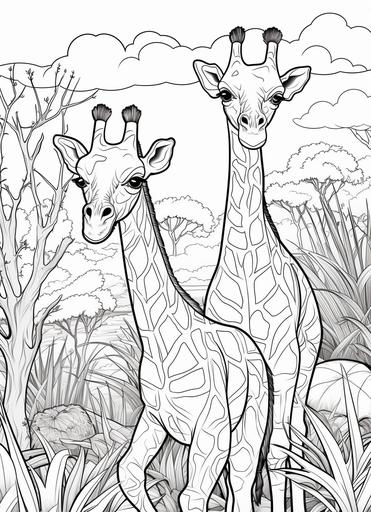 coloring page for kids , young Giraffas in African bush, cartoon style , thick lines, low detail, no shading --ar 8:11