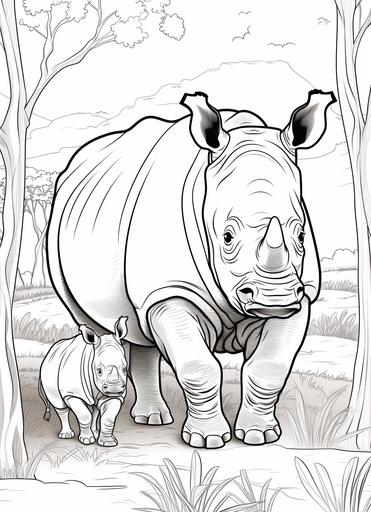 coloring page for kids , young rhinoceros play with papa in African bush, cartoon style , thick lines, low detail, no shading --ar 8:11