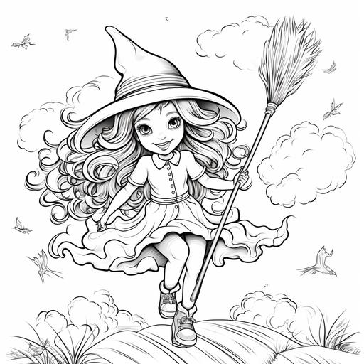 coloring page for kids 4-7,witch girl with long,curly hair flying on a broom,white background,cartoon style,thick lines,low detail, 0% shading