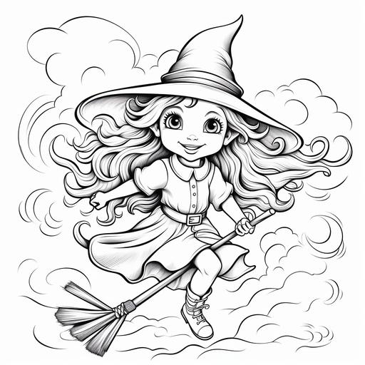 , coloring page for kids 4-7,witch girl with long,curly hair flying on a broom,white background,cartoon style,thick lines,low detail, 0% shading --seed 1916500863