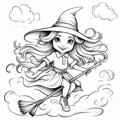 , coloring page for kids 4-7,witch girl with long,curly hair flying on a broom,white background,cartoon style,thick lines,low detail, 0% shading