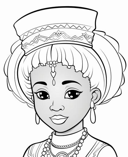 coloring page for kids, 6 year old nigerian princess wearing gele in Japan, cartoon style, thick lines, low detail, no shading --ar 9:11