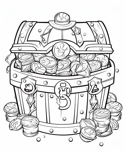 coloring page for kids, A chest overflowing with glistening gold coins and jewels, cartoon style, thick lines, low detail, no shading, --ar 9:11