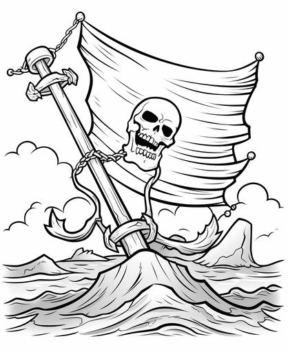 coloring page for kids, A coloring page featuring the classic skull and crossbones flag, cartoon style, thick lines, low detail, no shading, --ar 9:11