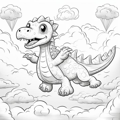 coloring page for kids, A dinosaur flying among prehistoric clouds, cartoon style, low details, no shadows