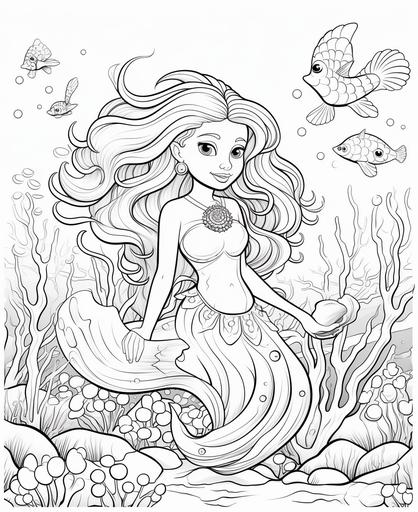 coloring page for kids, A mermaid decorating a coral tree with seashell ornaments, cartoon style, thick lines, low detail, no shading --ar 9:11