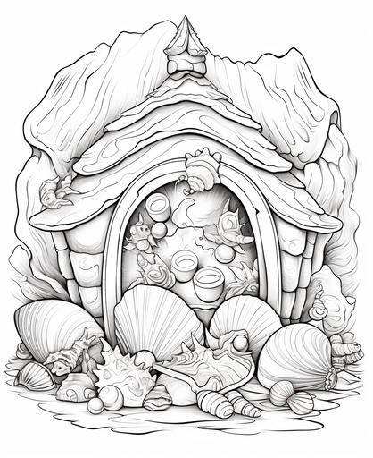 coloring page for kids, A nativity scene set in a seashell stable, cartoon style, thick lines, low detail, no shading --ar 9:11