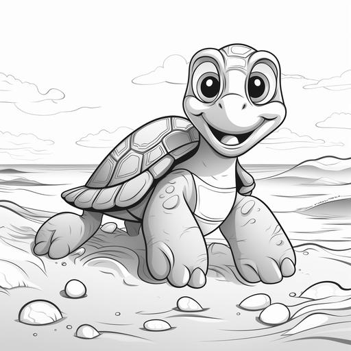 coloring page for kids A slow and steady turtle crawling on the beach,cartoon style,thick lines, not shades, low details