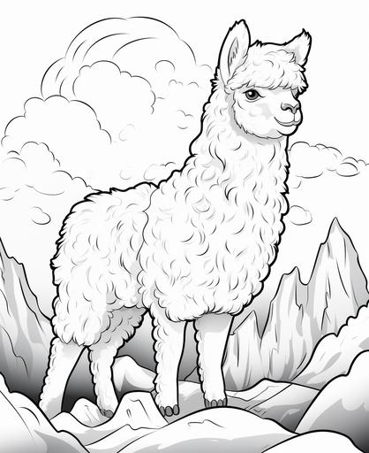 coloring page for kids, Alpaca, cartoon style, thick line, low detailm no shading --ar 9:11