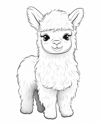 coloring page for kids, Alpaca, cute, baby, cartoon style, thick line, low detailm no shading --ar 9:11