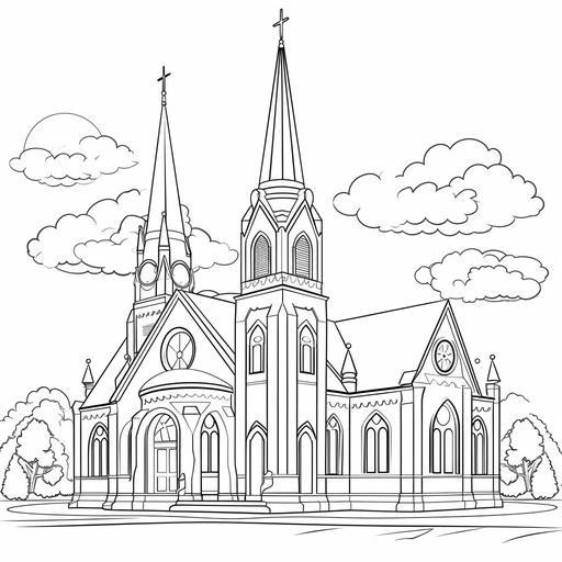 coloring page for kids, Catholic church, cartoon style, thick lines, low detail, no shading ar 9:11