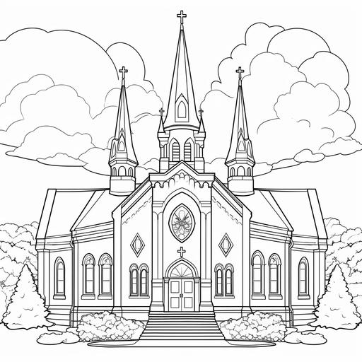 coloring page for kids, Catholic church, cartoon style, thick lines, low detail, no shading ar 9:11