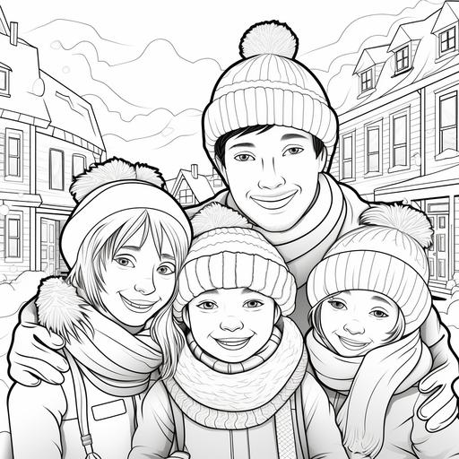 coloring page for kids, Christmas kids and parents images, cartoon style, thick lines, low detail, no shading ar 9:11