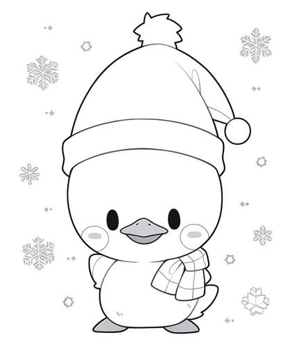 coloring page for kids, Christmas vibe, Duck, with Santa's fur hat on head, christmas tree, cartoon style, thick line, low detailm no shading --ar 9:11 --niji 5 --style cute