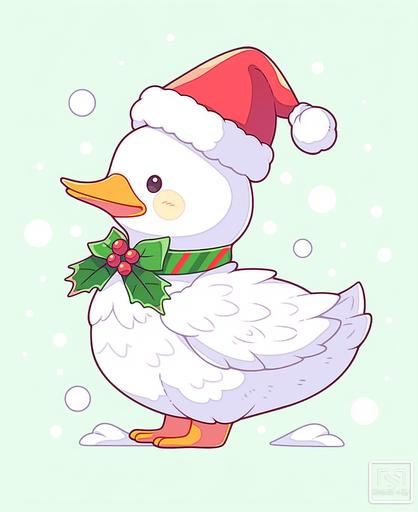 coloring page for kids, Christmas vibe, Duck, with Santa's fur hat on head, christmas tree, cartoon style, thick line, low detailm no shading --ar 9:11 --niji 5 --style cute