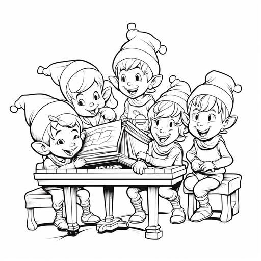 coloring page for kids, Elves singing carols around a piano or a campfire, cartoon style, thick lines, low detail, no shading 9 : 11