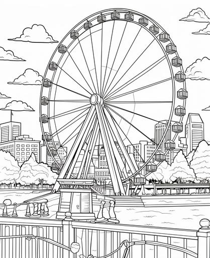 coloring page for kids, Ferris wheel, cartoon style, thick line, low detailm no shading --ar 9:11