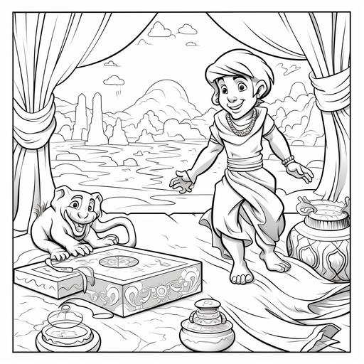 coloring page for kids, Genie finds a magic carpet in the treasure chest, cartoon style, thick lines, low detail, no shading ar9:11