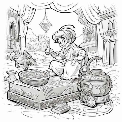 coloring page for kids, Genie finds a magic carpet in the treasure chest, cartoon style, thick lines, low detail, no shading ar9:11