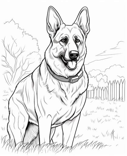 coloring page for kids, German Shepherd, cartoon style, thick line, low detailm no shading --ar 9:11