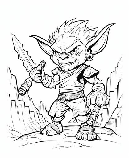 coloring page for kids, Goblin, cartoon style, thick line, low detailm no shading --ar 9:11