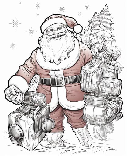 coloring page for kids, Human Santa Clause Delivering presents and include images of alein children of the galaxy, cartoon style, thick lines, low detail, no shading --ar 9:11