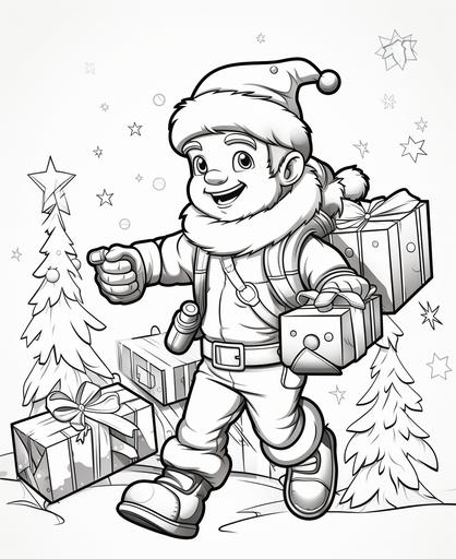 coloring page for kids, Human Santa Clause Delivering presents and include images of alein children of the galaxy, cartoon style, thick lines, low detail, no shading --ar 9:11