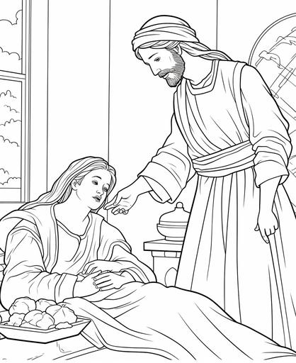 coloring page for kids, Jesus heals Peter's mother-in-law sick with fever, cartoon style, clean and simple line art, low detail, no shading --ar 9:11