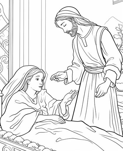 coloring page for kids, Jesus heals Peter's mother-in-law sick with fever, cartoon style, clean and simple line art, low detail, no shading --ar 9:11