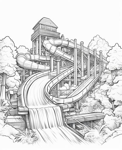 coloring page for kids, Log flume, cartoon style, thick line, low detailm no shading --ar 9:11