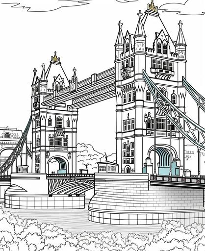 coloring page for kids, London Tower Bridge, cartoon style, low detail, thick lines, no shading --ar 9:11
