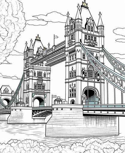 coloring page for kids, London Tower Bridge, cartoon style, low detail, thick lines, no shading --ar 9:11