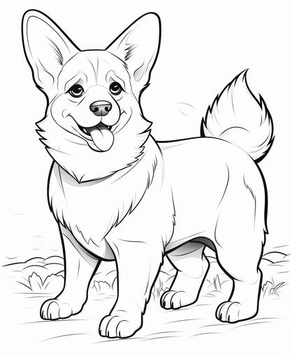 coloring page for kids, Pembroke Welsh Corgi, cartoon style, thick line, low detailm no shading --ar 9:11