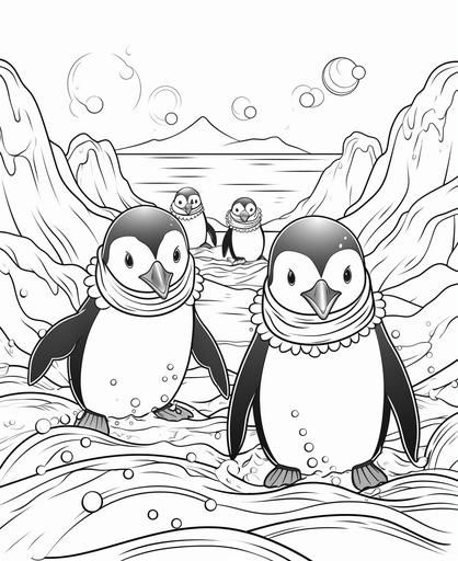 coloring page for kids, Penguins diving into the ocean, wearing festive bowties, cartoon style, thick lines, low detail, no shading --ar 9:11