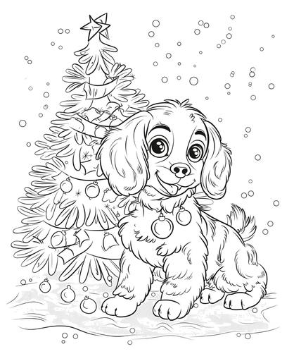 coloring page for kids, Puppy with Christmas Tree Picardy Spaniel, cartoon style, thick line, low detail, no shading --ar 9:11