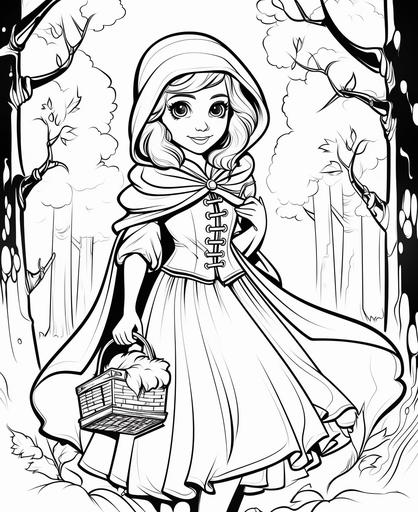 coloring page for kids, Red Riding Hood, cartoon style, thick line, low detailm no shading --ar 9:11