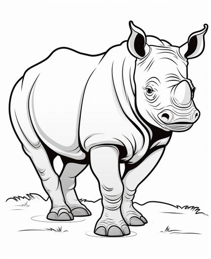 coloring page for kids, Rhino, cartoon style, thick line, low detailm no shading --ar 9:11