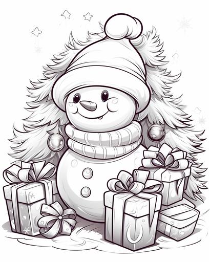 coloring page for kids, Snowman next to Christmas tree and presents, cartoon style, thick lines, low detail, no shading --ar 4:5
