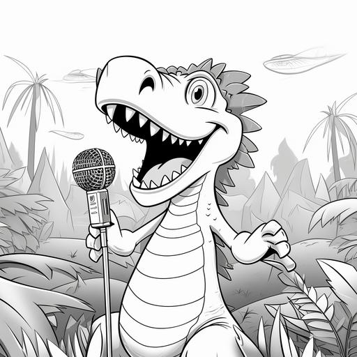 coloring page for kids, Spinosaurus singing with a microphone, cartoon style, thick lines, low detail, no shading 9:11