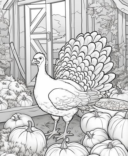 coloring page for kids, Thanksgiving turkey in farm, cartoon style, thick lines, low detail, no shading --ar 9:11