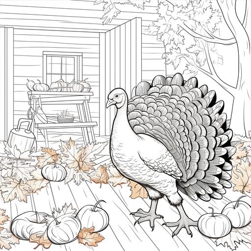coloring page for kids, Thanksgiving turkey in farm, cartoon style, low detail, no shading ar 9:11