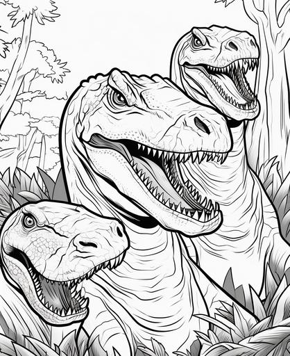 coloring page for kids, Theropods: These were primarily carnivorous dinosaurs and include some of the most well-known dinosaurs like Tyrannosaurus rex, Velociraptor, and Allosaurus, cartoon style, thick lines, low detail, no shading --ar 9:11