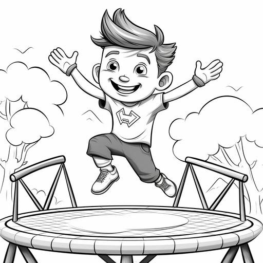 coloring page for kids, Trampoline Gymnastics, cartoon style, thick line, low detail, no shading