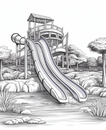 coloring page for kids, Water slide, cartoon style, thick line, low detailm no shading --ar 9:11